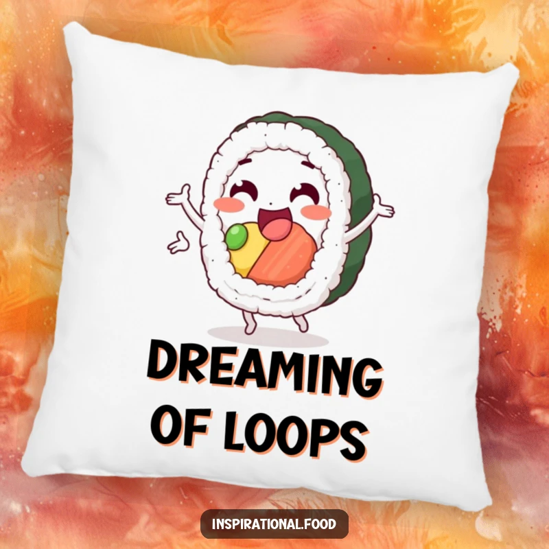 Funny sushi pillow, a delighted sushi roll character in a cheerful loop, perfect for adding a touch of food-themed humor and comfort.