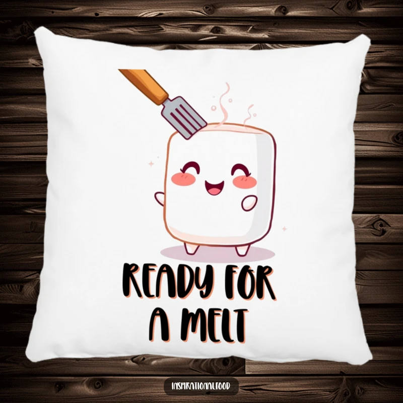 Funny pillow depicting a cheerful, blushing marshmallow being toasted, offering comfort and a touch of sweetness.