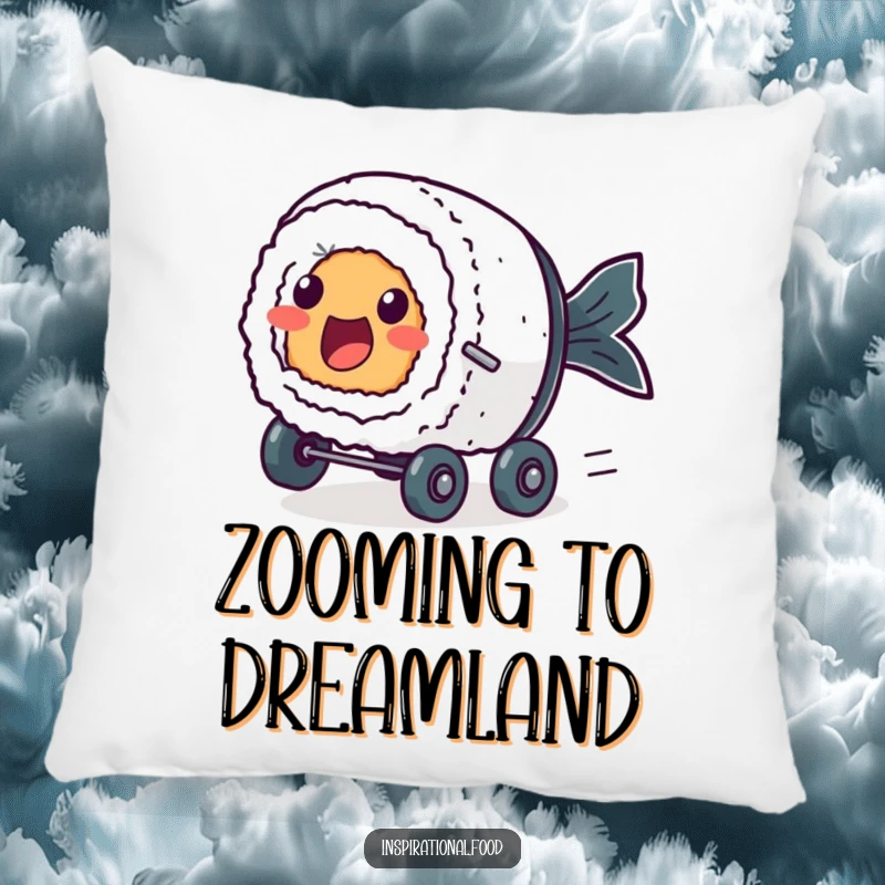 Funny pillow with an excited sushi roll character with dot eyes, zooming on tiny wheels for humorous comfort.