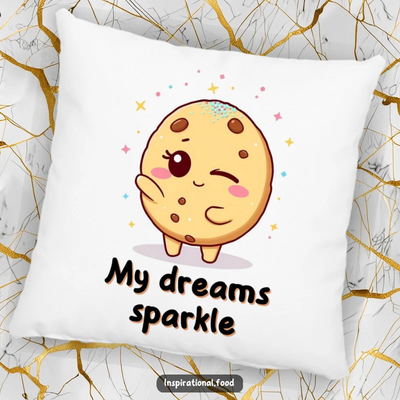 Funny pillow: A winking cookie character joyfully showers a friend with edible glitter, offering comfort and a humorous visual.