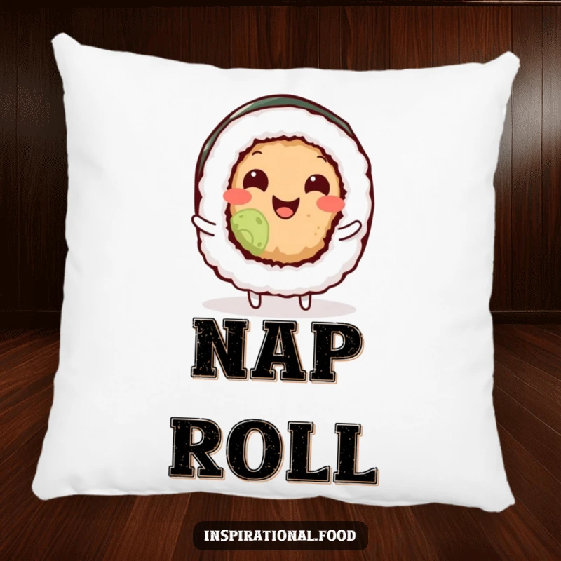 Funny sushi roll character wiggling its body with delight on a soft accent pillow, bringing cute food humor to any room.