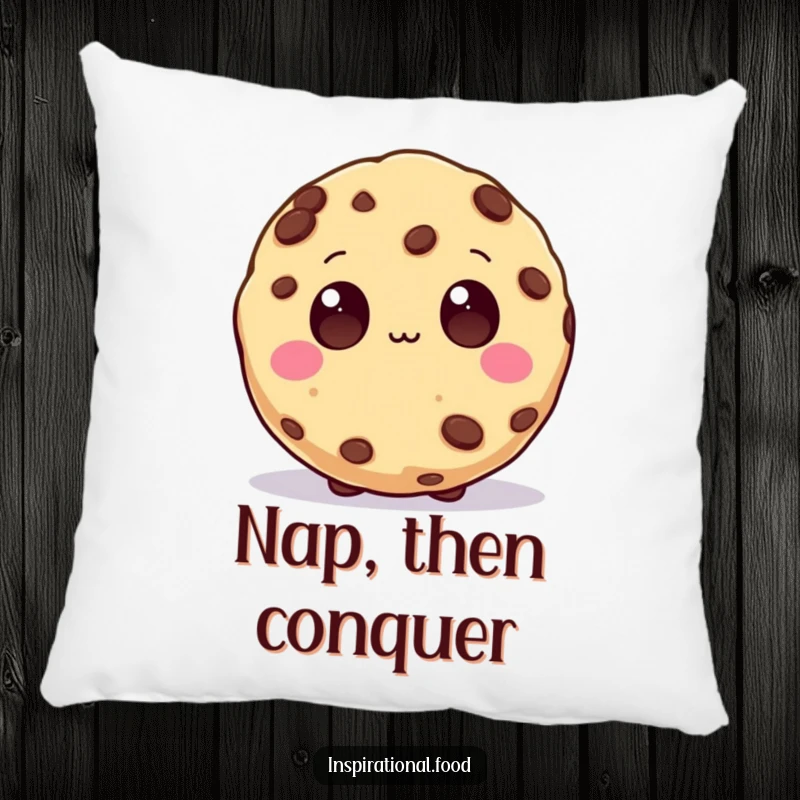 Funny Pillow featuring a beaming cookie character with wide chocolate chip eyes, bringing comfort and inspiration to any space.
