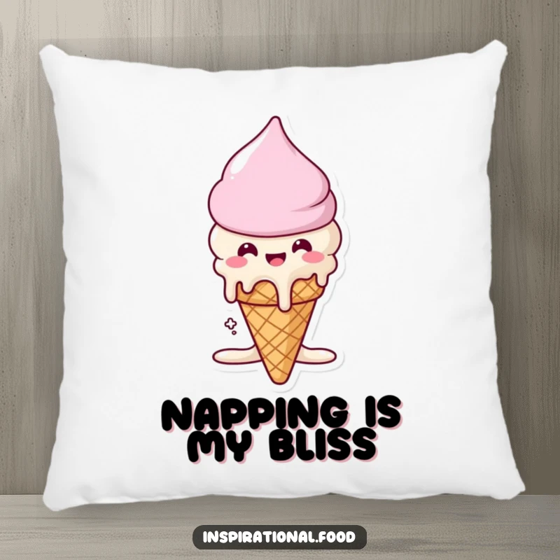 Funny pillow with a beaming ice cream cone character melting into deliciousness, providing comfort and a sweet decorative touch.