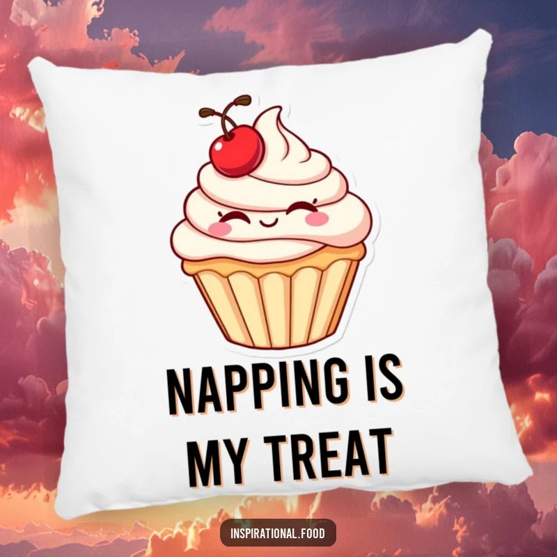 Funny cupcake pillow with a plump character and cherry winking, offering comfort and a touch of sweet, playful decor.