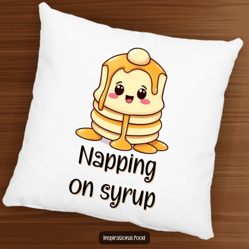 Funny pillow with a beaming pancake character and syrup cascade, providing humorous and cozy breakfast decor.
