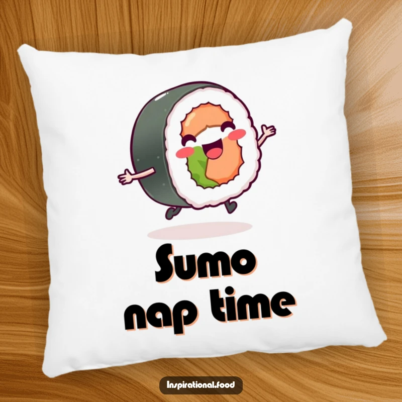 Funny happy sushi roll with tiny legs skipping on a pillow, providing soft and cheerful decor.