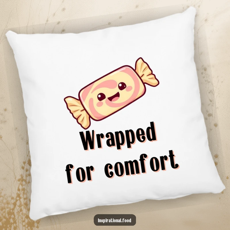 Funny decorative pillow featuring a gleeful candy bar with its wrapper twirling with delight, adding sweet charm.