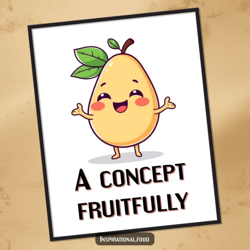 Funny digital art print of a giggling fruit character enthusiastically presenting a vibrant, imaginative food concept, celebrating innovation.