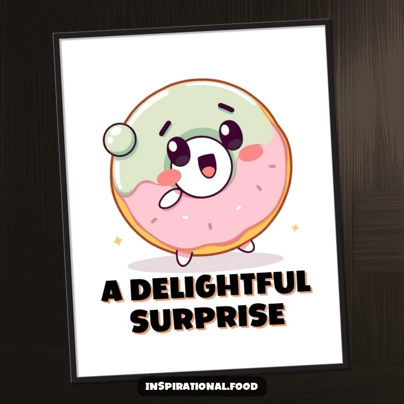 Funny digital art print of a cheerful donut character with a surprised expression, bouncing a ball.