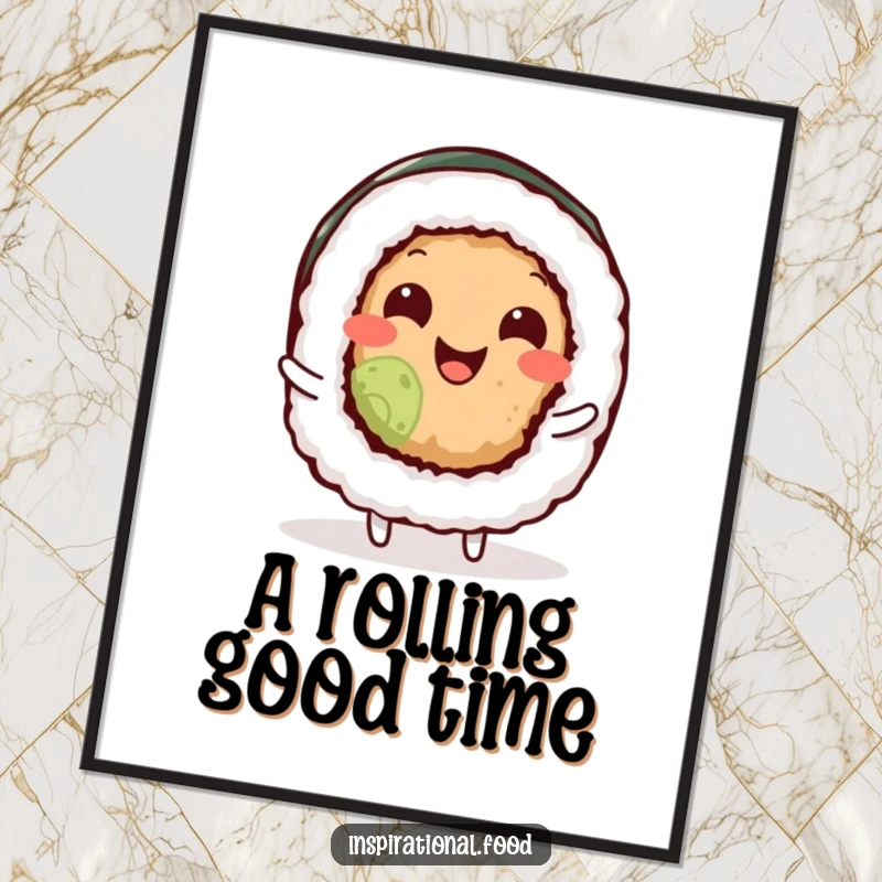 Funny sushi roll character wiggling its body with infectious delight, rendered as digital art for instant humorous decoration.