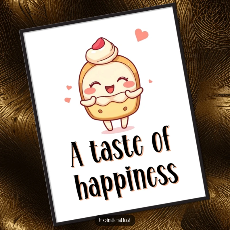 Funny digital art print of a blushing pastry character joyfully sharing delightful food imagery, perfect for instant decor.