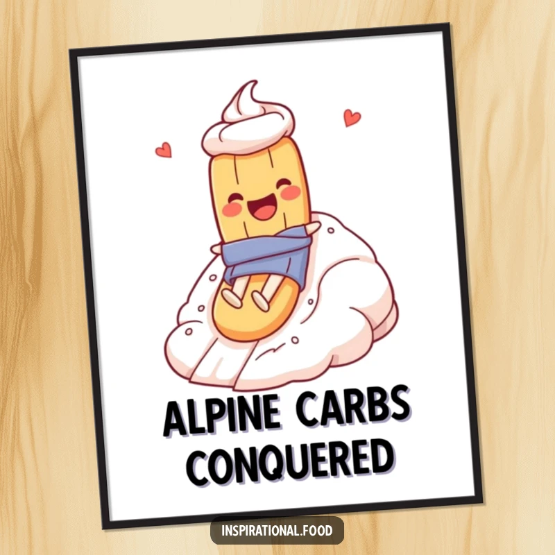 Funny digital art print of a baguette character joyfully sliding down a fluffy meringue mountain, representing a sweet and humorous culinary adventure.