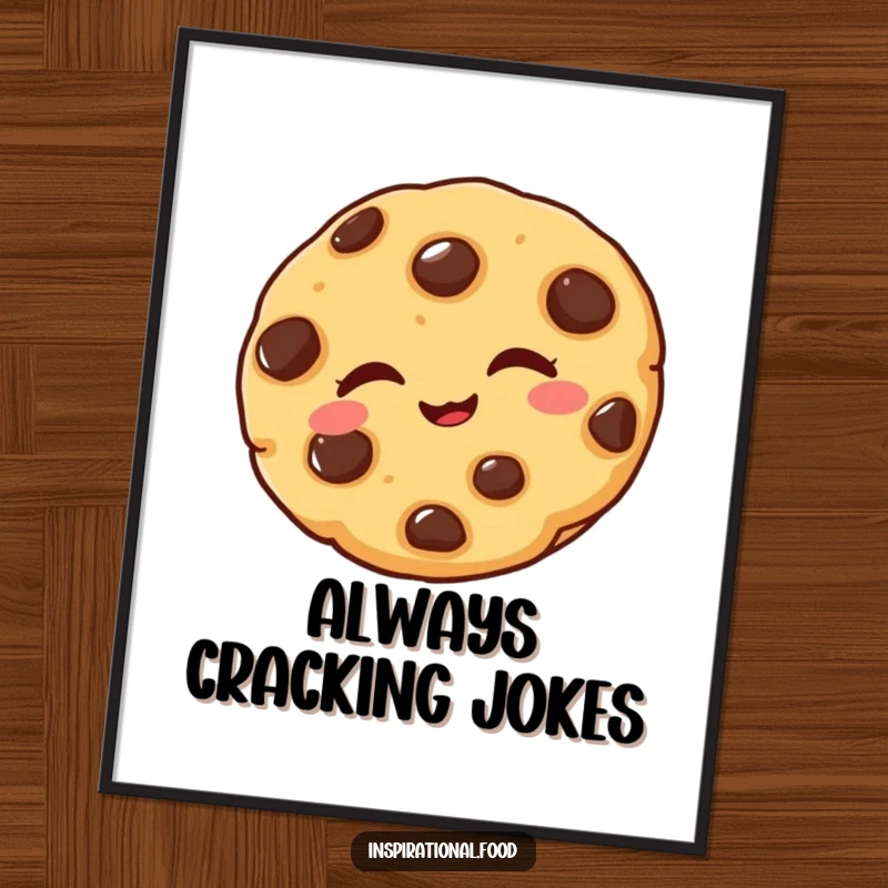 Funny digital art print of a delighted chocolate chip cookie winking playfully, adding a touch of sweet humor to decor.