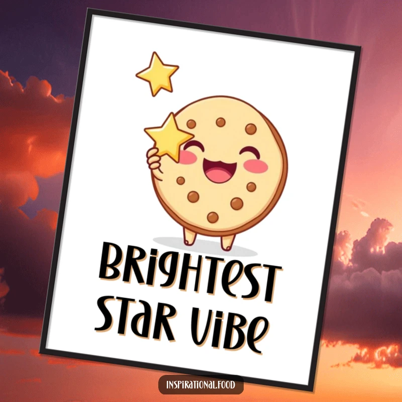 Funny digital art print of a joyous cookie character holding a shining star, radiating inspiration and positivity.