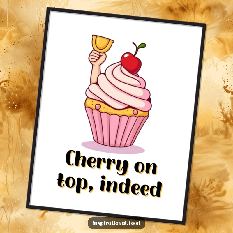 Smiling cupcake triumphantly holding a cherry like a trophy in a digital art print.
