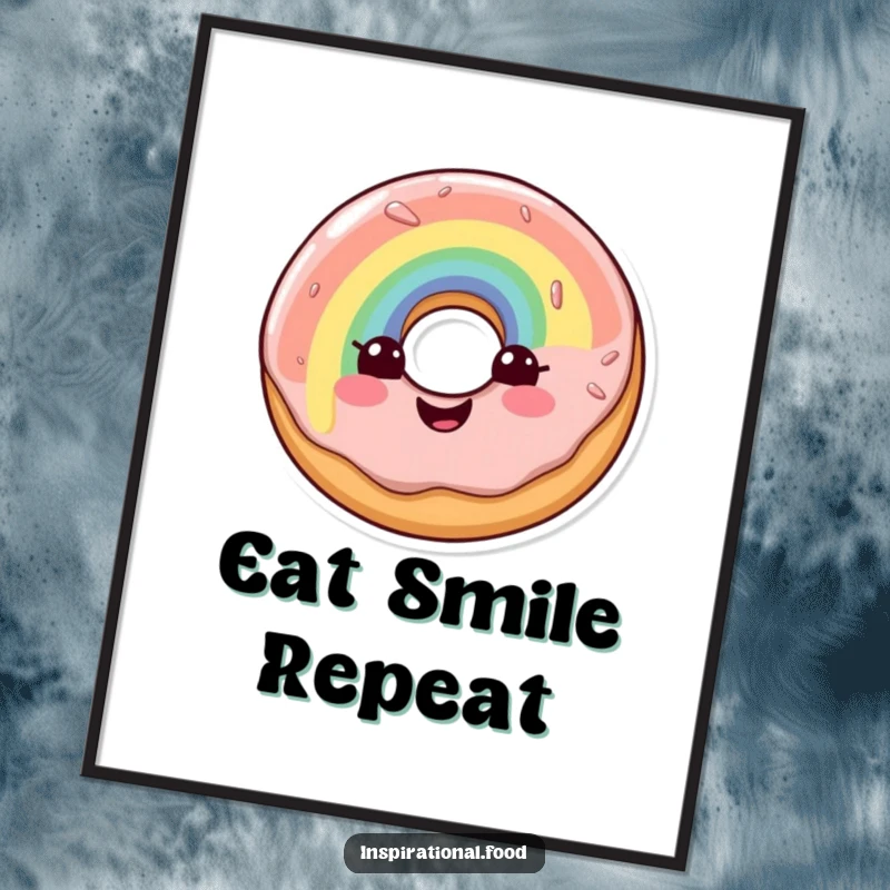 Funny digital art print of a beaming doughnut character with a spectacular rainbow glaze, delivering instant cheer.