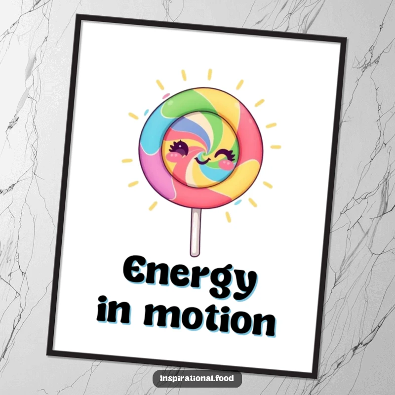 Funny lollipop character digital art, spinning with vibrant colors and creative energy, ideal for printable wall art, conveying artistic humor.