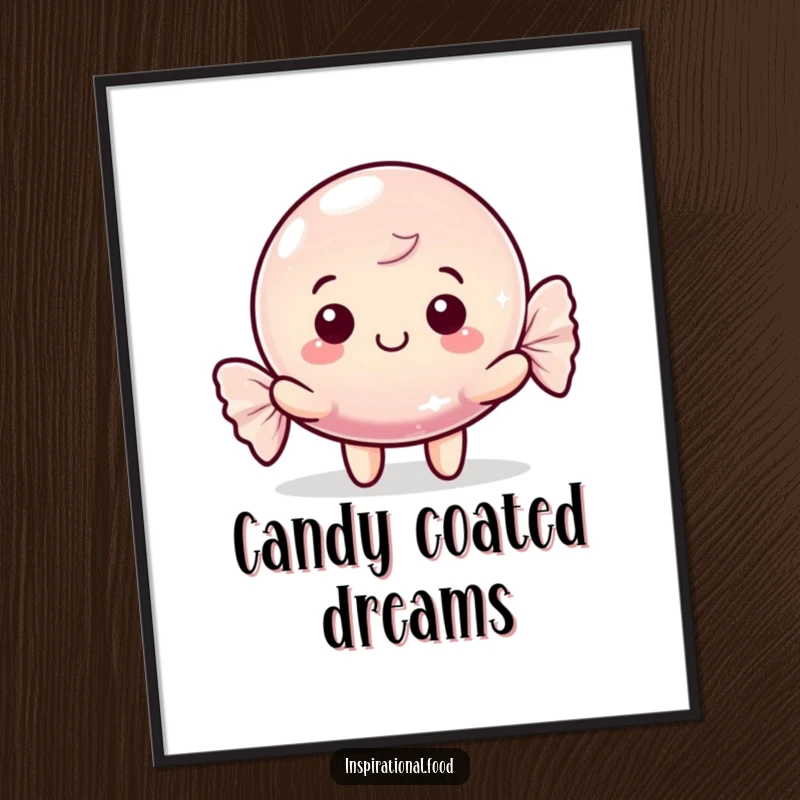 Funny digital art print of a happy candy character with a shimmering wrapper, symbolizing joy and sweetness, a delightful funny gift.