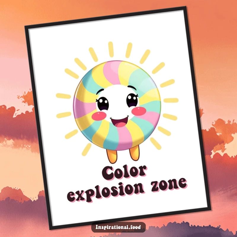 Funny digital art print of a smiling candy character radiating vibrant, colorful energy, perfect for dynamic and cheerful wall decor, a unique funny gift.