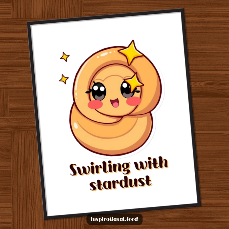 Funny caramel swirl digital art print of a stylized character with starry eyes spinning, ready to add fun.