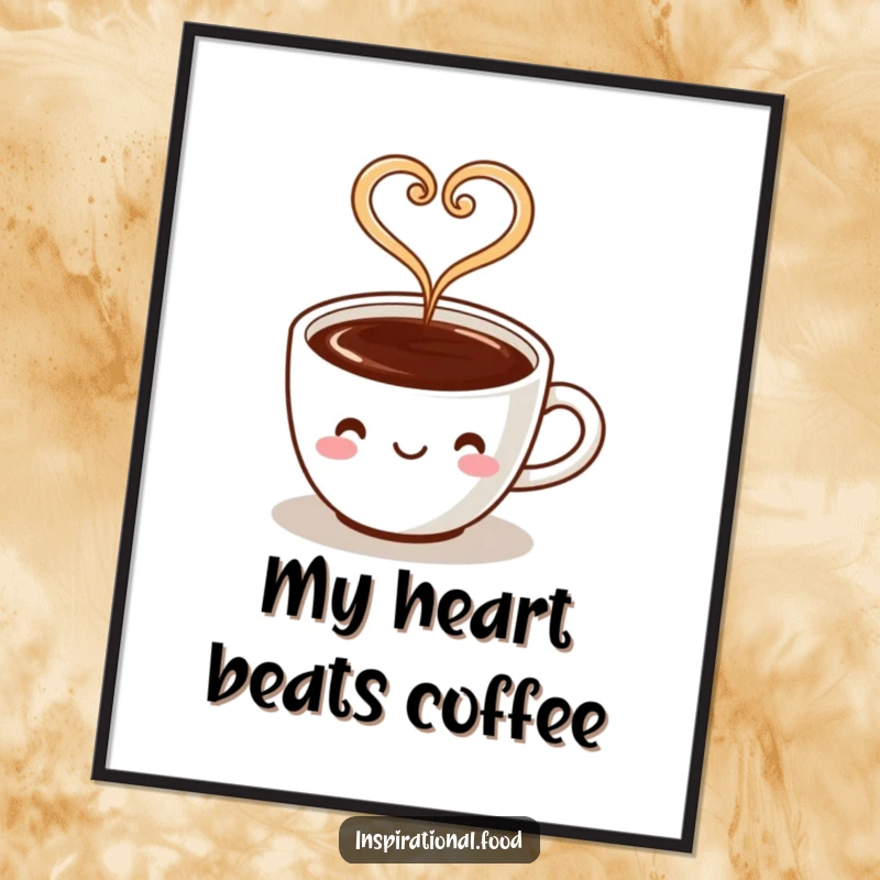 Funny digital art print of a coffee cup character with steam forming a heart, delivering instant warmth and love.