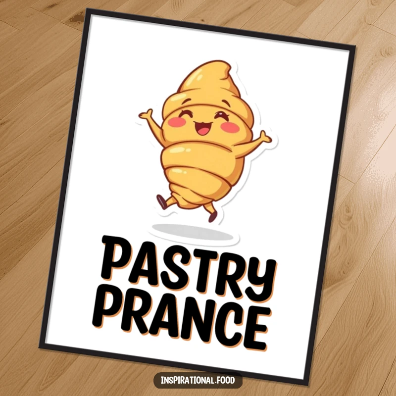 Funny digital art print of a joyous croissant character doing a little jig, offering instant breakfast humor.