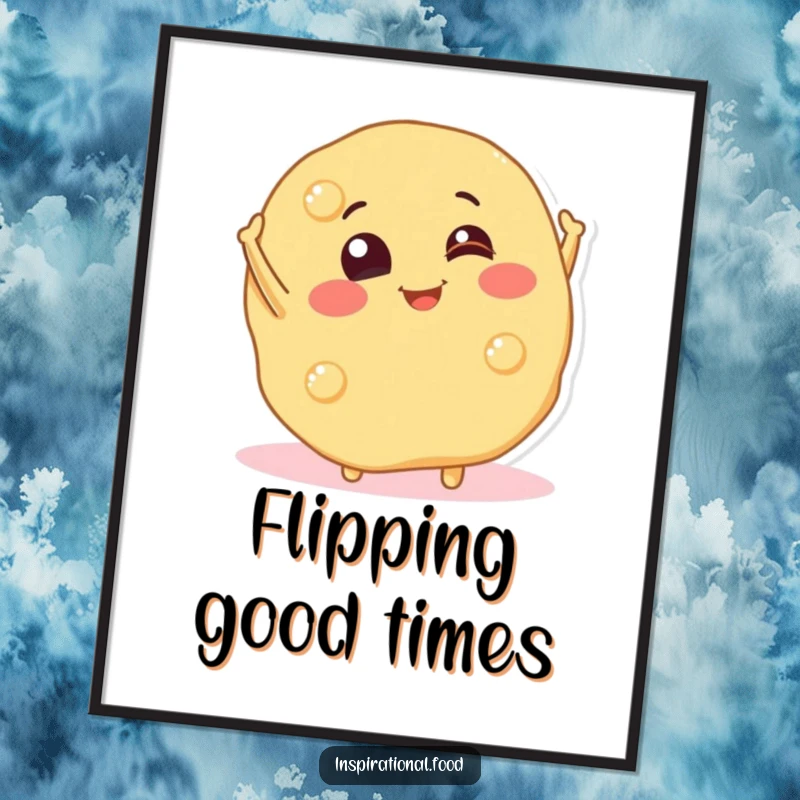 Funny digital art print of a smiling pancake character in a playful flip, perfect for adding instant breakfast cheer.