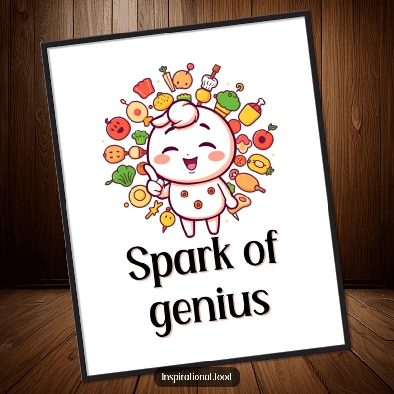 Funny digital art print of a winking character pointing to a dynamic explosion of artistic food icons for instant decor.