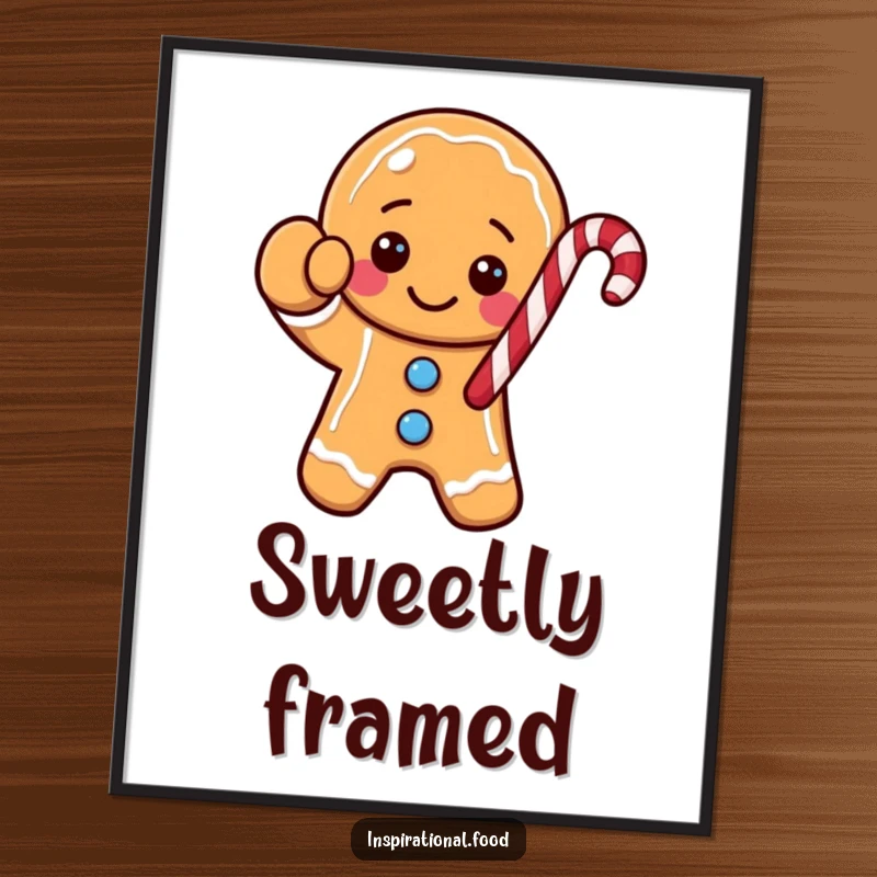 Funny gingerbread cookie character digital art print, waving a candy cane, bringing instant holiday cheer and festive vibes.