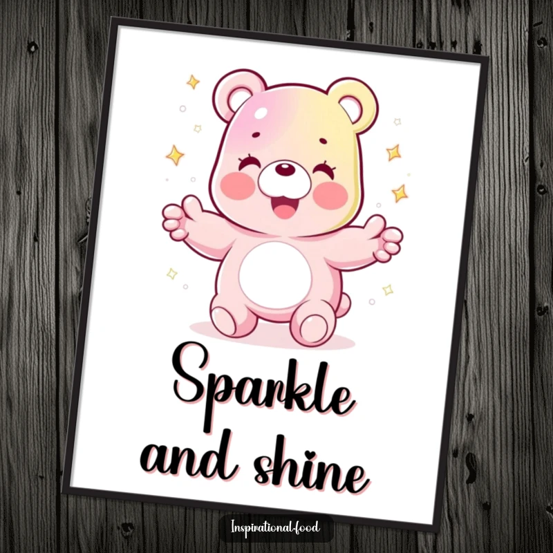 Funny digital art print of a joyful gummy bear character juggling sparkling sugar crystals, bringing sweet, humorous vibes instantly.
