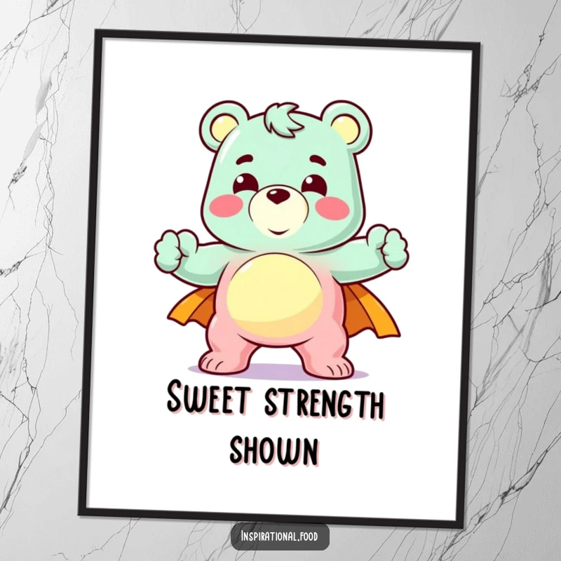 Funny digital art print of a delighted gummy bear character in a heroic pose, perfect for humorous superhero digital decor.