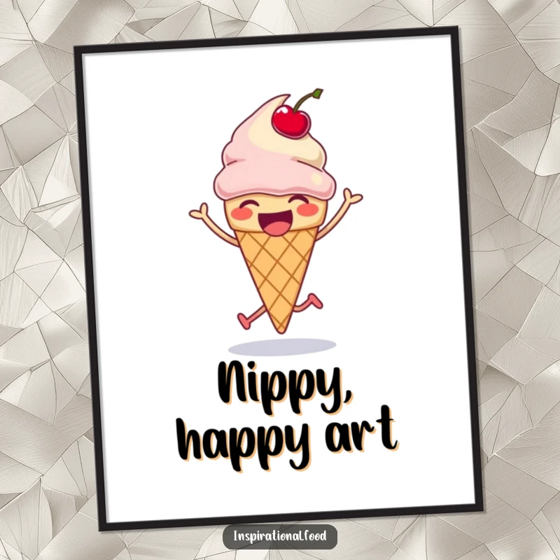 Funny ice cream cone digital art, laughing and doing a silly hop with a bouncing cherry, printable humor, funny gift.