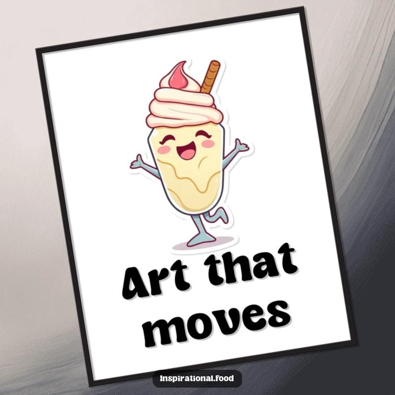 Funny ice cream sundae digital art print with a joyful character caught mid-dance move, perfect for adding vibrant and groovy wall decor.