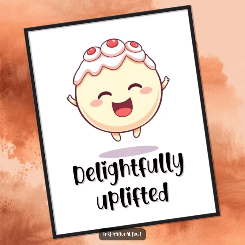 Funny digital art print of a round cake character levitating with a delighted expression, a magical and sweet illustration for decor.