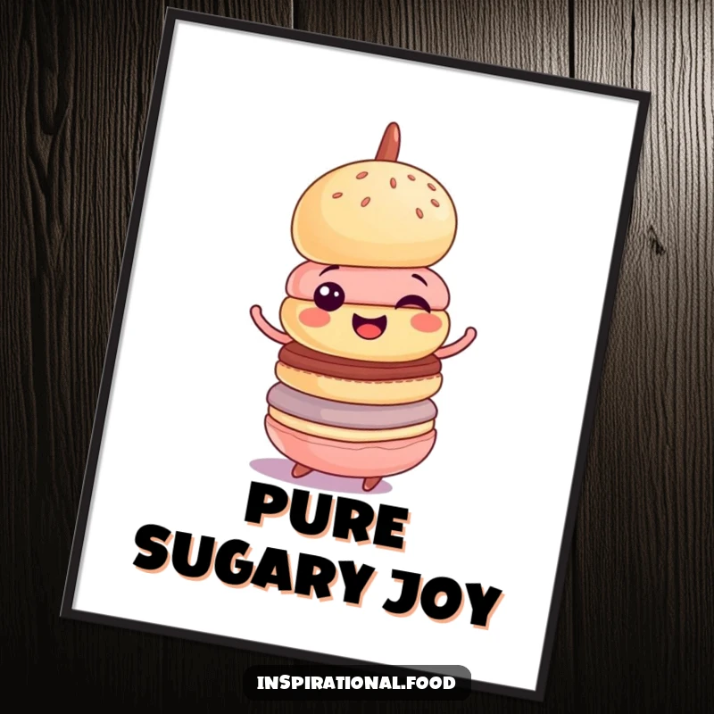 Funny digital art print of a cheerful macaron tower in a happy, wobbly spin, perfect for sweet and humorous digital decor.