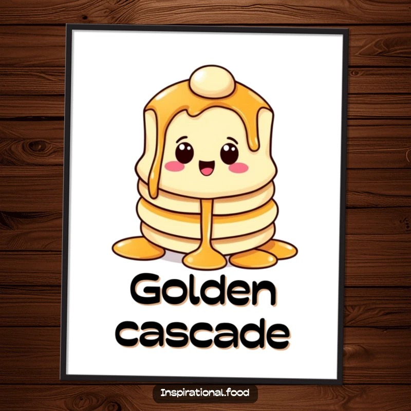 Funny digital art print of a beaming pancake character with a syrup cascade, offering instant breakfast humor.