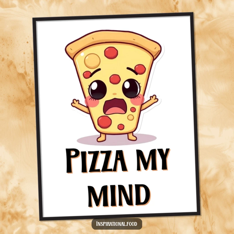 Funny pizza slice character with an astonished, gasping expression, rendered as digital art for instant humorous decoration.