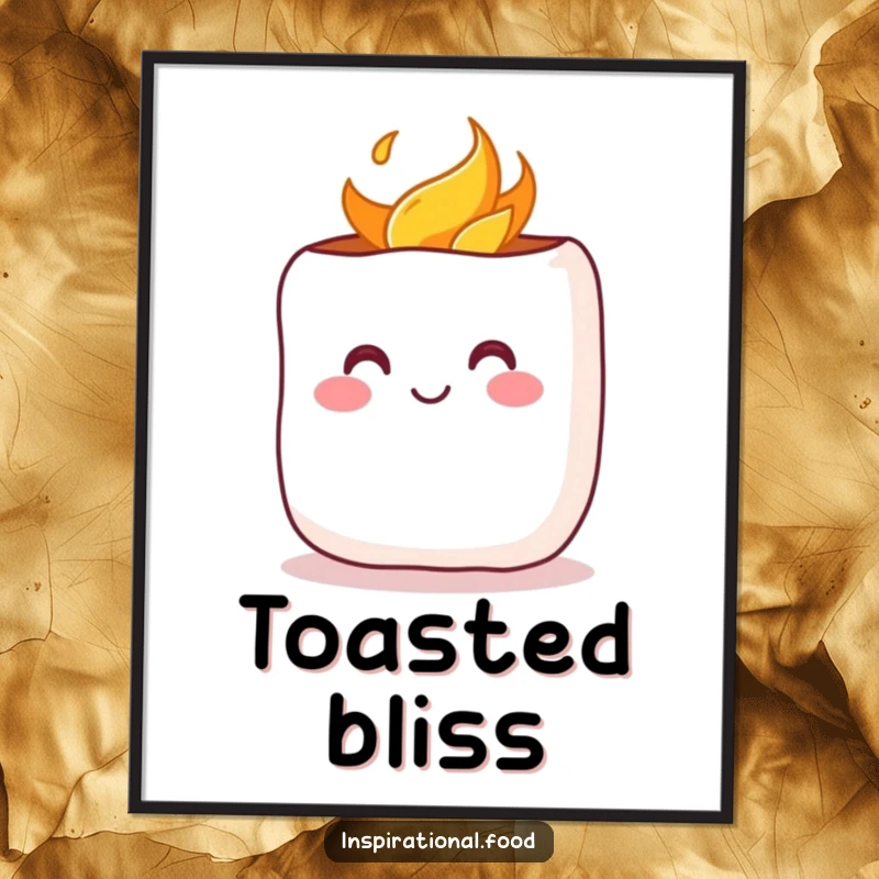 Funny Digital Art: A cheerful marshmallow with a rosy blush being toasted, bringing instant warmth and cozy vibes to wall decor.