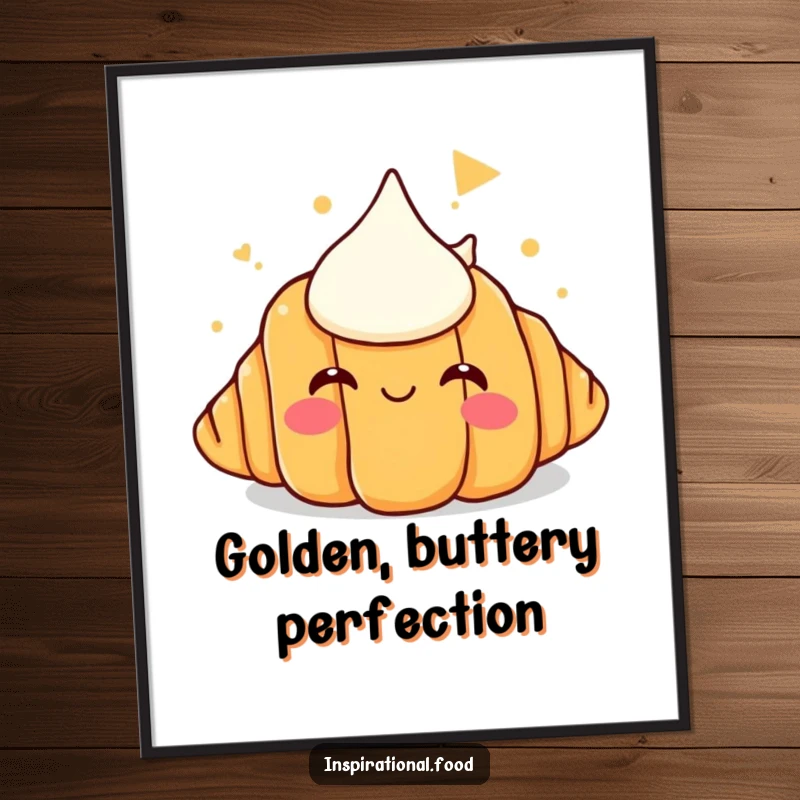 Funny digital art print of a happy croissant visualizing a gigantic butter mountain, evoking a sense of playful indulgence.