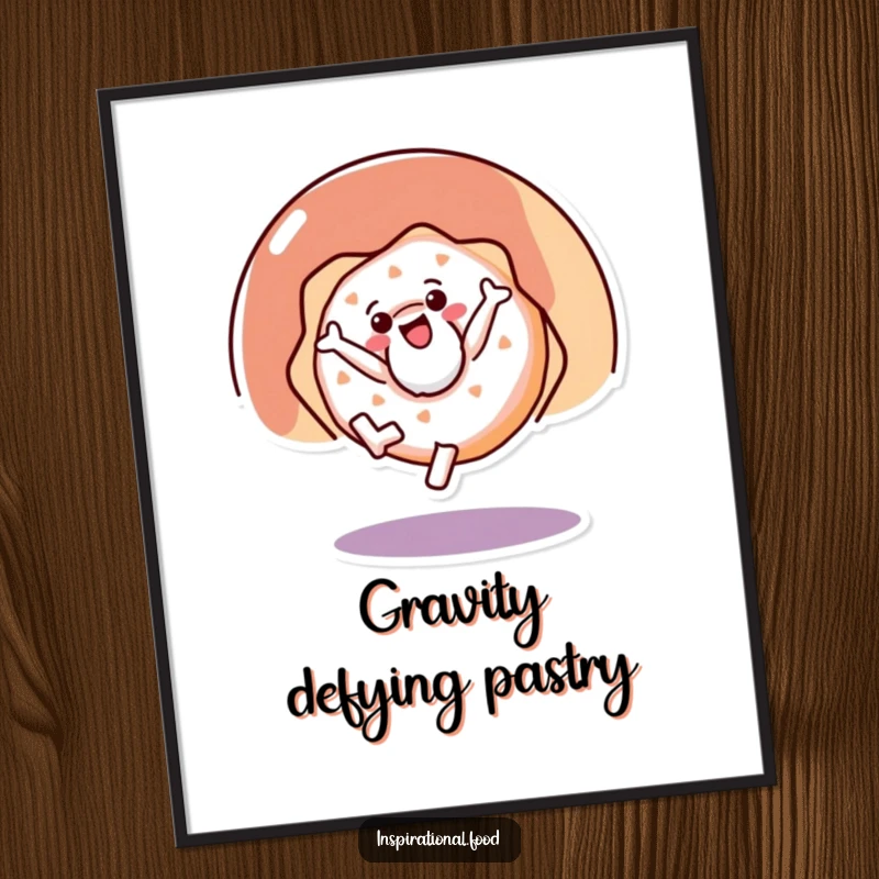 Funny digital art print of a doughnut character joyfully cartwheeling, perfect for adding playful energy to any room.