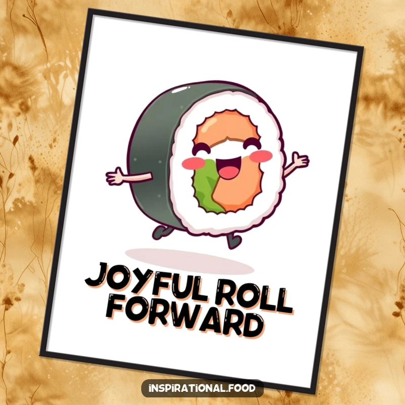Funny delighted sushi roll joyfully skipping, a digital art print full of happiness for instant download.