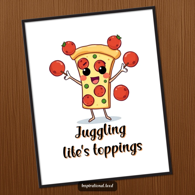 Funny digital art print of a pizza slice character expertly juggling pepperoni, bringing cheesy humor and fun to any decor.