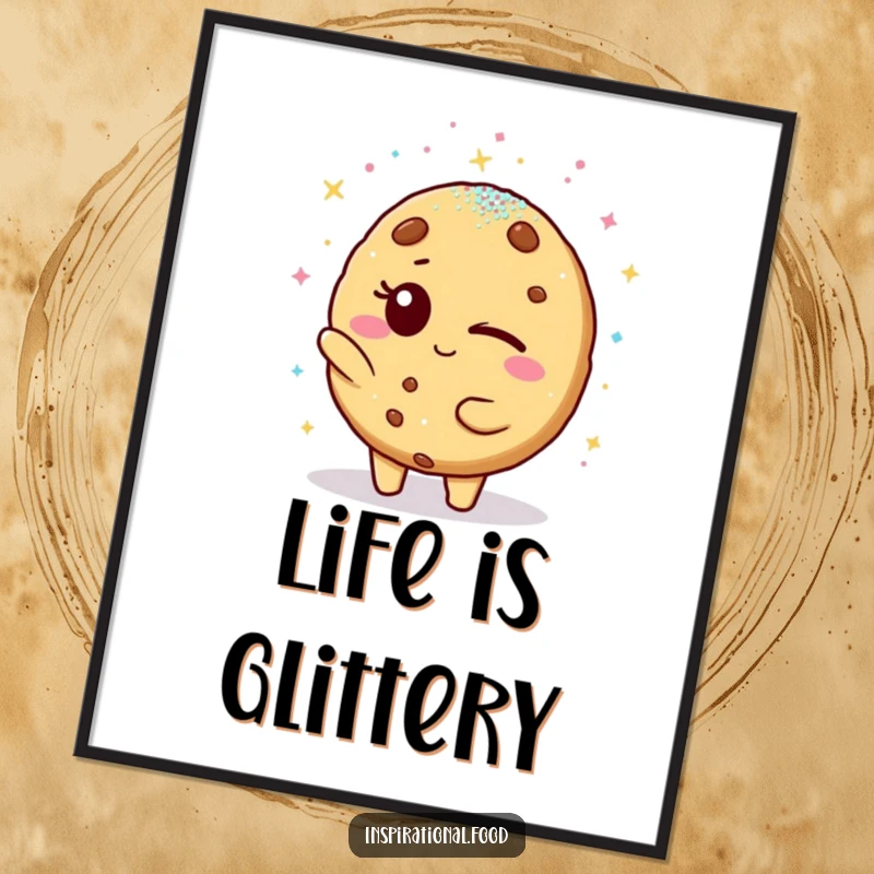 Funny digital art print: A winking cookie character joyfully showers a friend with shimmering edible glitter, a vibrant and humorous decoration.