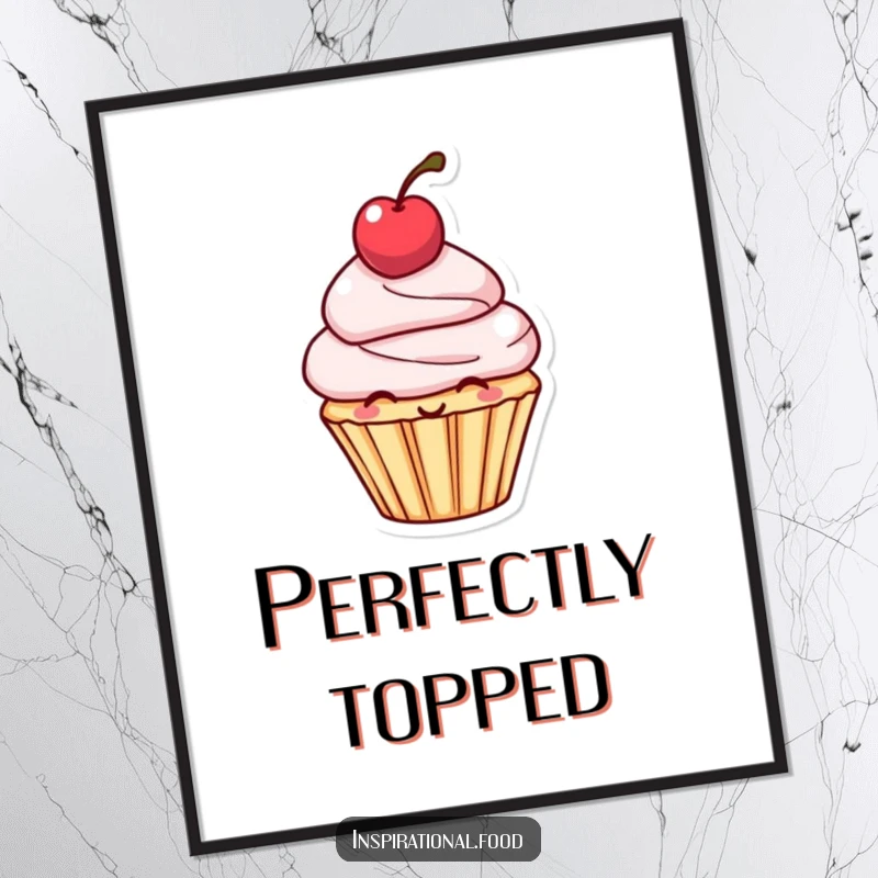 Funny Digital Art: High-resolution image of a smiling cupcake character with a cherry balanced on its head, ready for display.