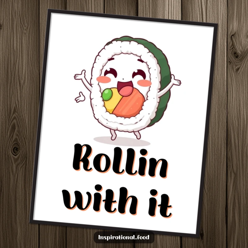 Funny sushi digital art print, a cheerful sushi roll character in a dynamic loop, adding a fun and playful element to any room's decor.