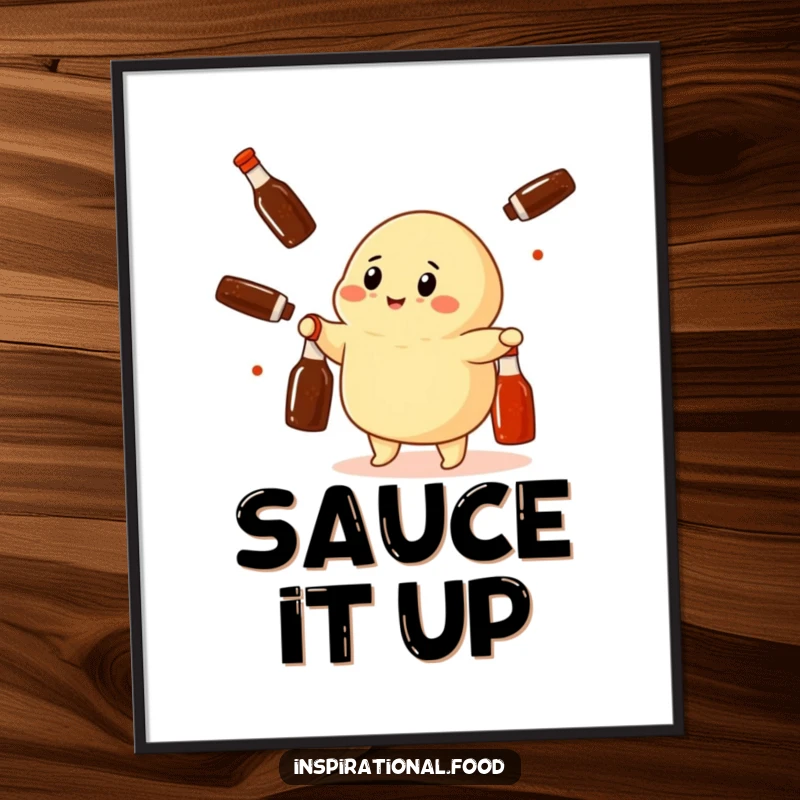 Funny dumpling character juggling miniature soy sauce bottles, rendered as digital art for instant, playful decoration.