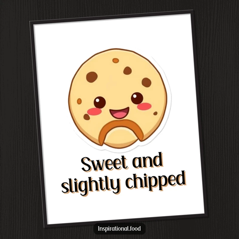 Funny digital art print of a cookie character with a bite mark revealing a cheerful smile, bringing instant joy.