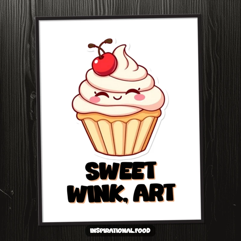 Funny cupcake digital art print showcasing a plump character with a cherry giving a wink, ready to add charm to your decor.