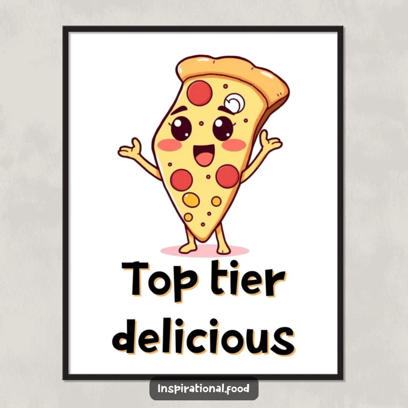 Funny digital art print of a proud pizza slice character showcasing assorted toppings, adding a delicious and humorous touch.