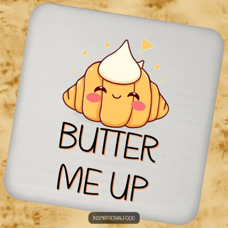 Funny drink coaster with a smiling croissant imagining an enormous butter mountain, a humorous way to protect furniture.